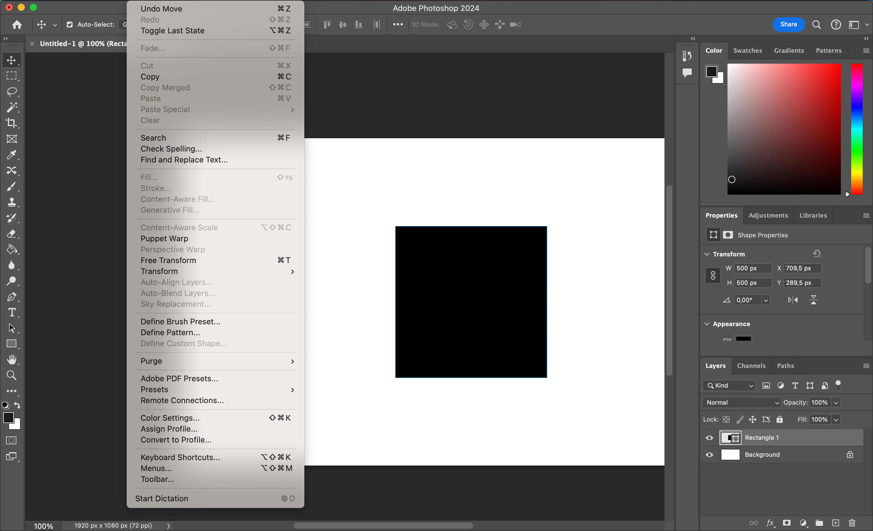 The Adobe Photoshop main interface. A drop-down menu reveals many functions and options. Some options are in black text while others are in gray.